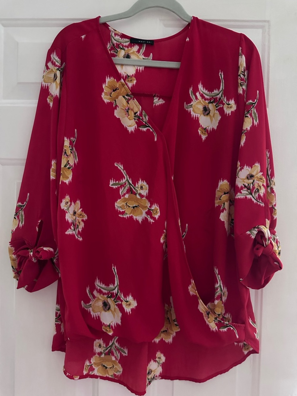West Kei XXL Floral Wrap-Front Red Blouse with Yellow Bloom Print stitchfix